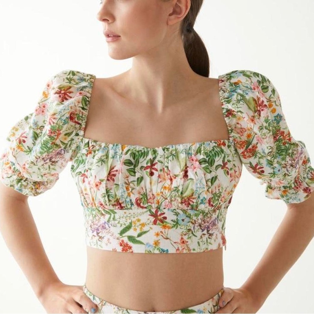 & Other Stories 100% Linen Sz 2 Multicolor Floral Puff Sleeve Blouse